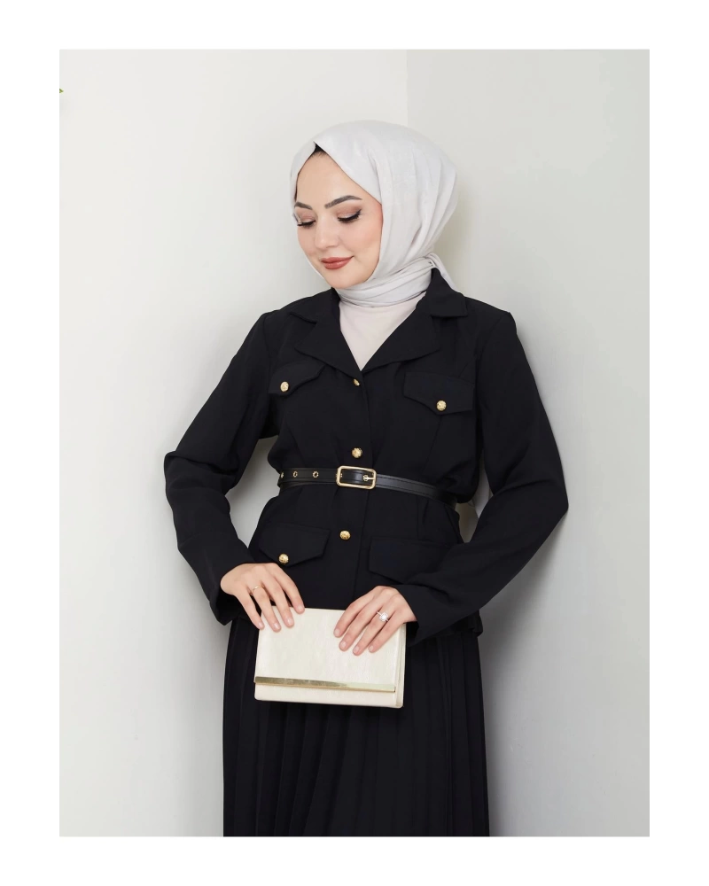 PİLELİ ETEKLI CEKETLI GOLD DÜĞMELİ KEMERLİ BLAZER TESETTÜR TAKIM SİYAH 806