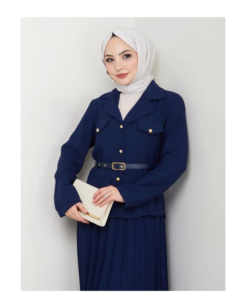 PİLELİ ETEKLI CEKETLI GOLD DÜĞMELİ KEMERLİ BLAZER TESETTÜR TAKIM LACİVERT 806