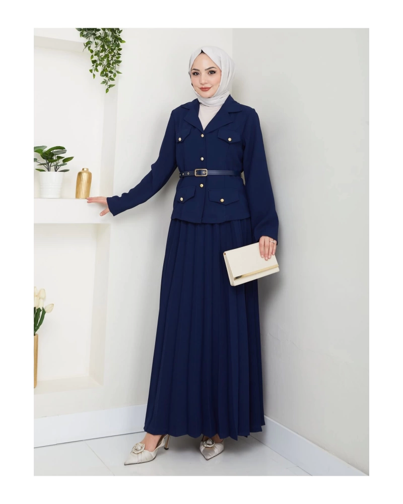 PİLELİ ETEKLI CEKETLI GOLD DÜĞMELİ KEMERLİ BLAZER TESETTÜR TAKIM LACİVERT 806