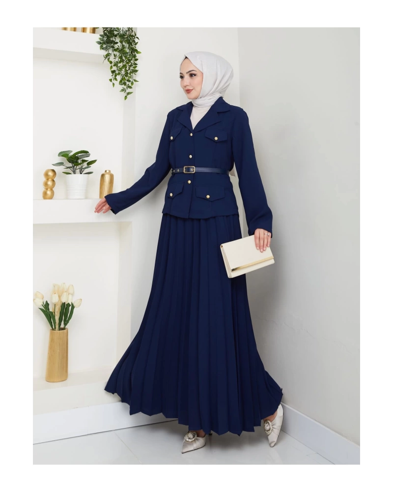 PİLELİ ETEKLI CEKETLI GOLD DÜĞMELİ KEMERLİ BLAZER TESETTÜR TAKIM LACİVERT 806