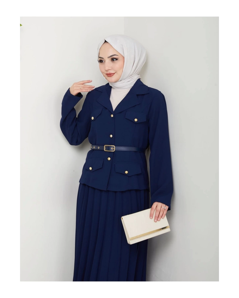 PİLELİ ETEKLI CEKETLI GOLD DÜĞMELİ KEMERLİ BLAZER TESETTÜR TAKIM LACİVERT 806