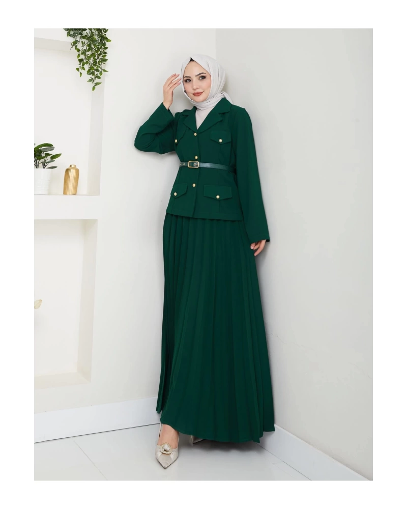 PİLELİ ETEKLI CEKETLI GOLD DÜĞMELİ KEMERLİ BLAZER TESETTÜR TAKIM ZÜMRÜT 806