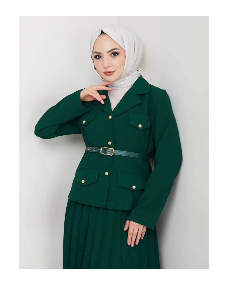 PİLELİ ETEKLI CEKETLI GOLD DÜĞMELİ KEMERLİ BLAZER TESETTÜR TAKIM ZÜMRÜT 806