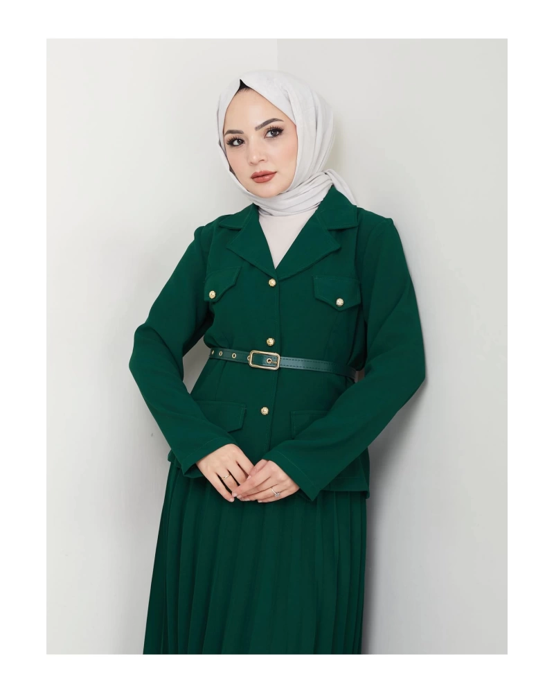 PİLELİ ETEKLI CEKETLI GOLD DÜĞMELİ KEMERLİ BLAZER TESETTÜR TAKIM ZÜMRÜT 806