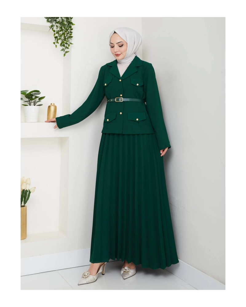 PİLELİ ETEKLI CEKETLI GOLD DÜĞMELİ KEMERLİ BLAZER TESETTÜR TAKIM ZÜMRÜT 806