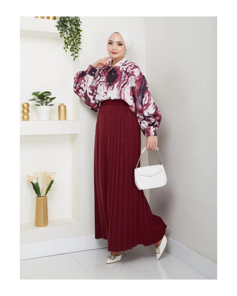 DESENLİ GÖMLEK ETEĞİ PLİSELİ TESETTÜR ETEK TAKIM 7452 BORDO
