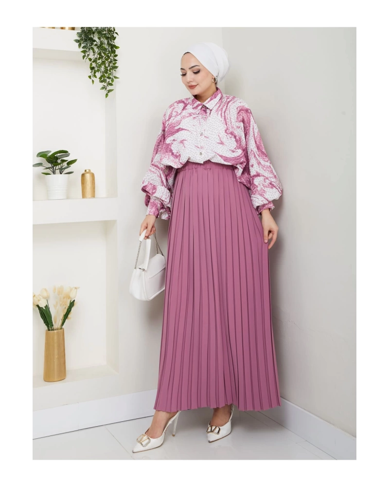 DESENLİ GÖMLEK ETEĞİ PLİSELİ TESETTÜR ETEK TAKIM 7452 PEMBE