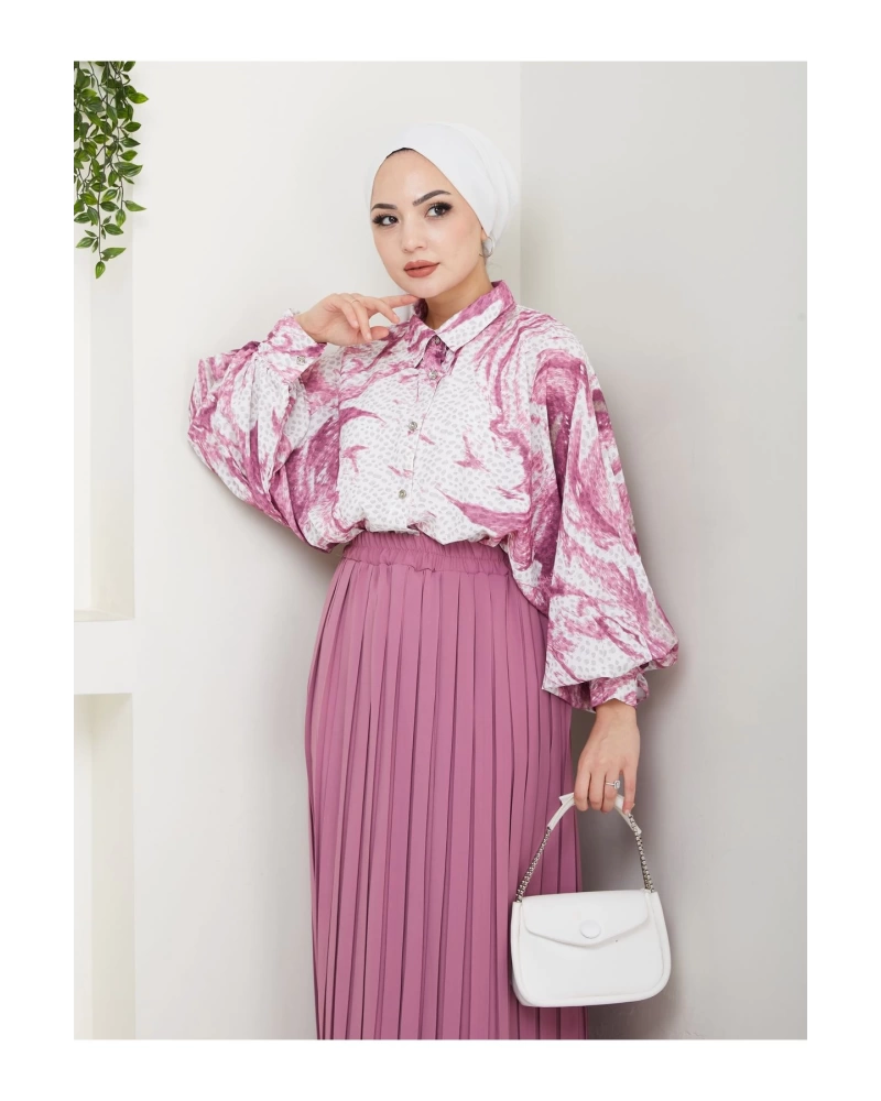 DESENLİ GÖMLEK ETEĞİ PLİSELİ TESETTÜR ETEK TAKIM 7452 PEMBE