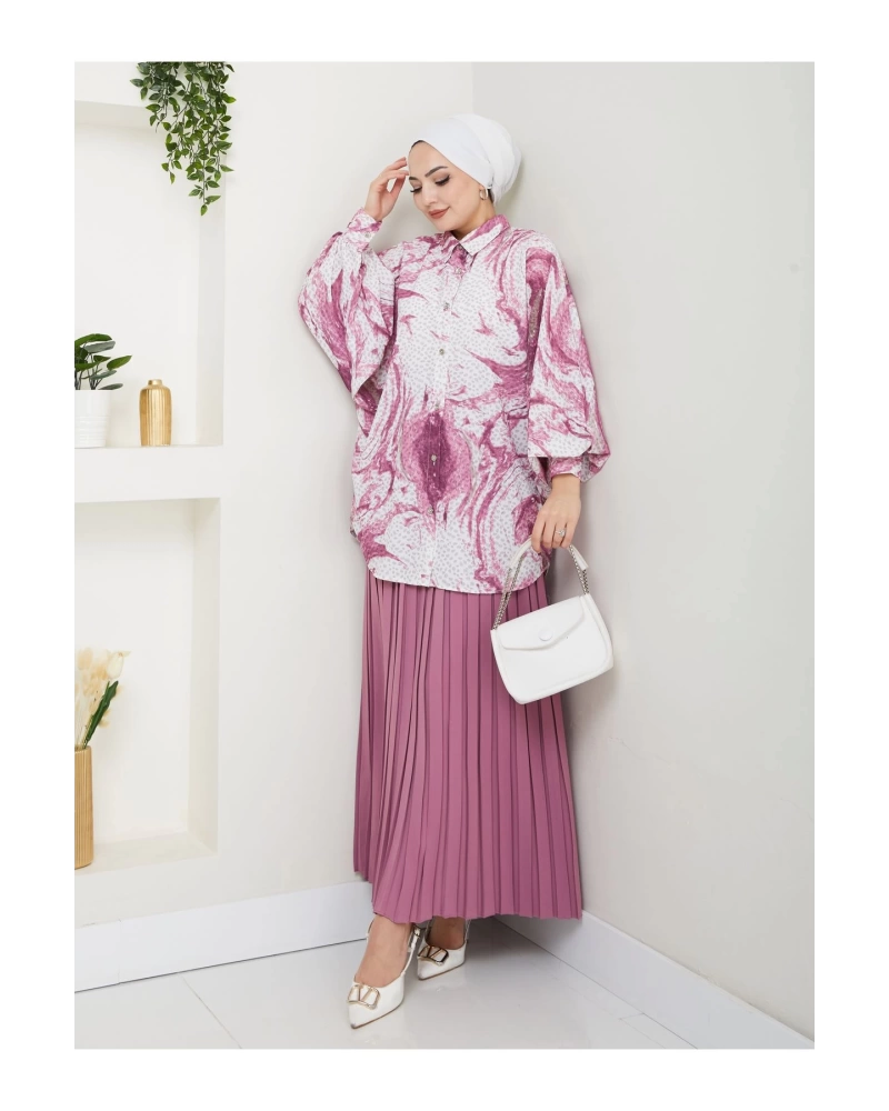 DESENLİ GÖMLEK ETEĞİ PLİSELİ TESETTÜR ETEK TAKIM 7452 PEMBE