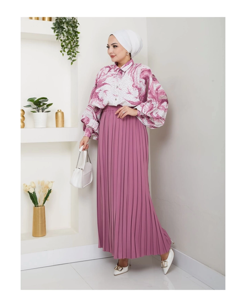 DESENLİ GÖMLEK ETEĞİ PLİSELİ TESETTÜR ETEK TAKIM 7452 PEMBE