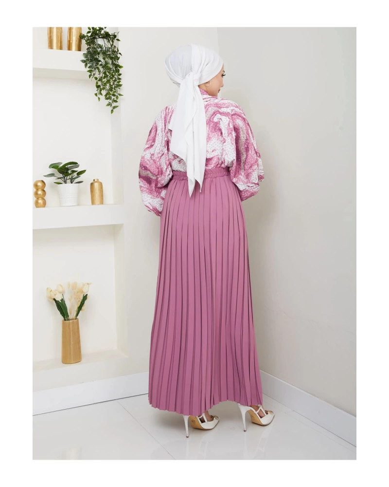 DESENLİ GÖMLEK ETEĞİ PLİSELİ TESETTÜR ETEK TAKIM 7452 PEMBE
