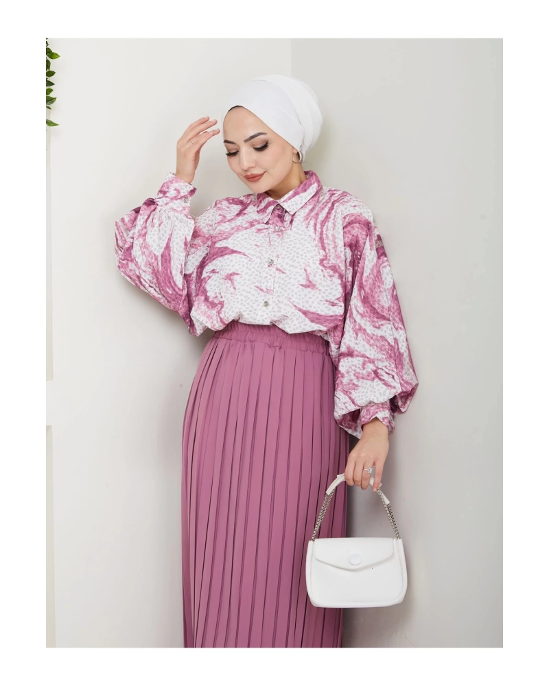 DESENLİ GÖMLEK ETEĞİ PLİSELİ TESETTÜR ETEK TAKIM 7452 PEMBE