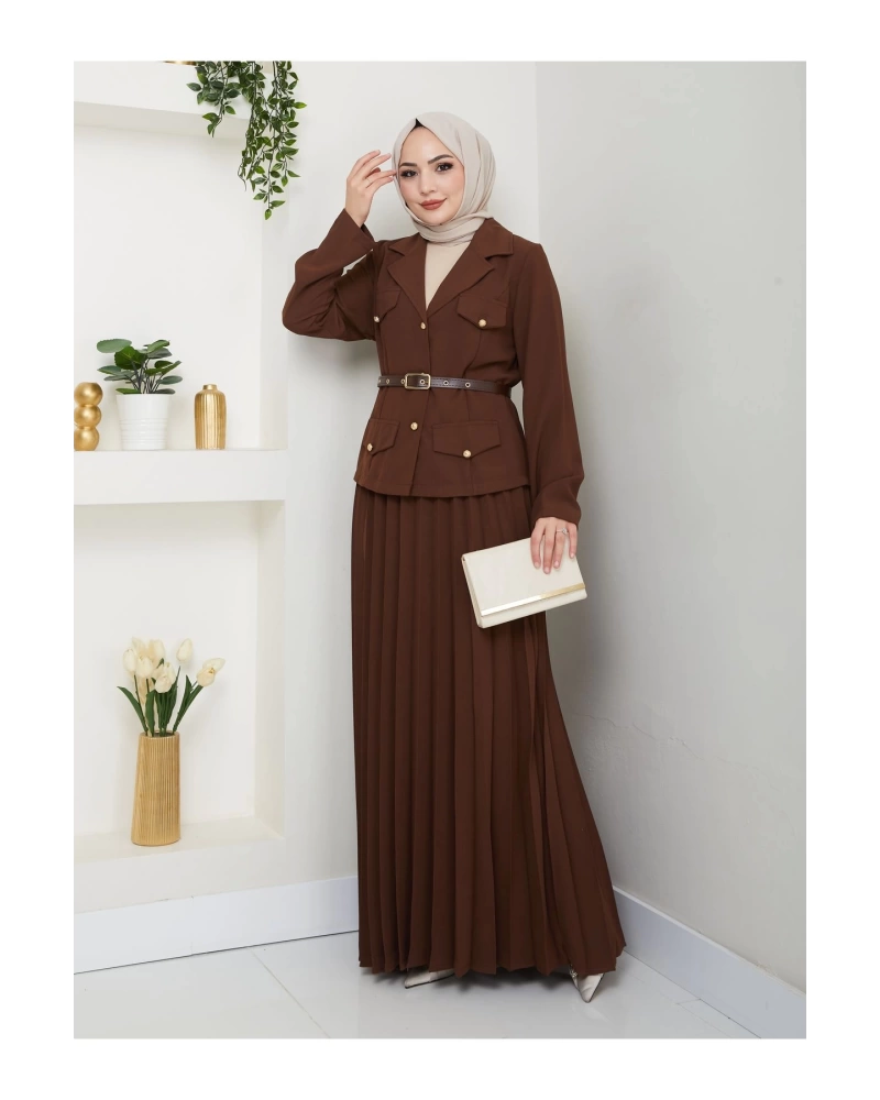 PİLELİ ETEKLI CEKETLI GOLD DÜĞMELİ KEMERLİ BLAZER TESETTÜR TAKIM KAHVE 806