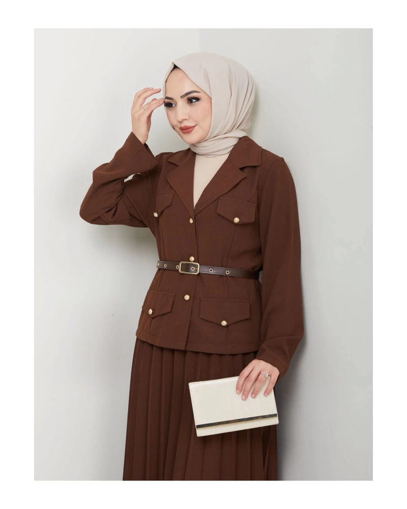 PİLELİ ETEKLI CEKETLI GOLD DÜĞMELİ KEMERLİ BLAZER TESETTÜR TAKIM KAHVE 806