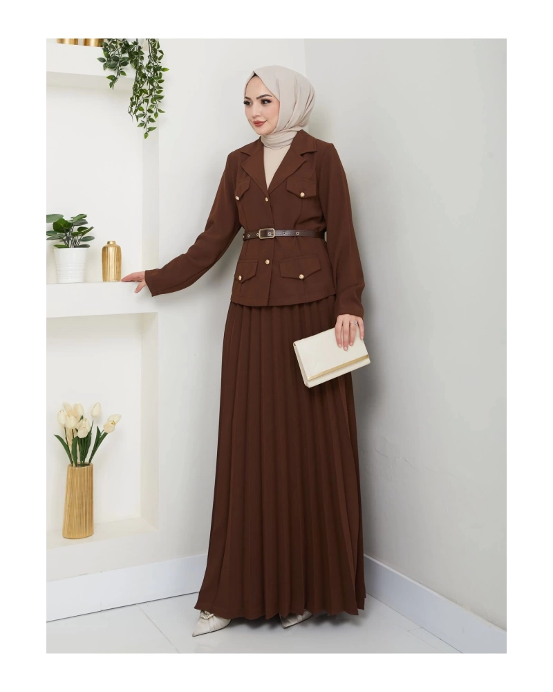PİLELİ ETEKLI CEKETLI GOLD DÜĞMELİ KEMERLİ BLAZER TESETTÜR TAKIM KAHVE 806
