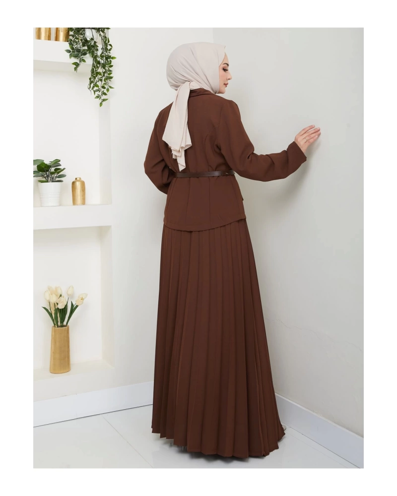 PİLELİ ETEKLI CEKETLI GOLD DÜĞMELİ KEMERLİ BLAZER TESETTÜR TAKIM KAHVE 806
