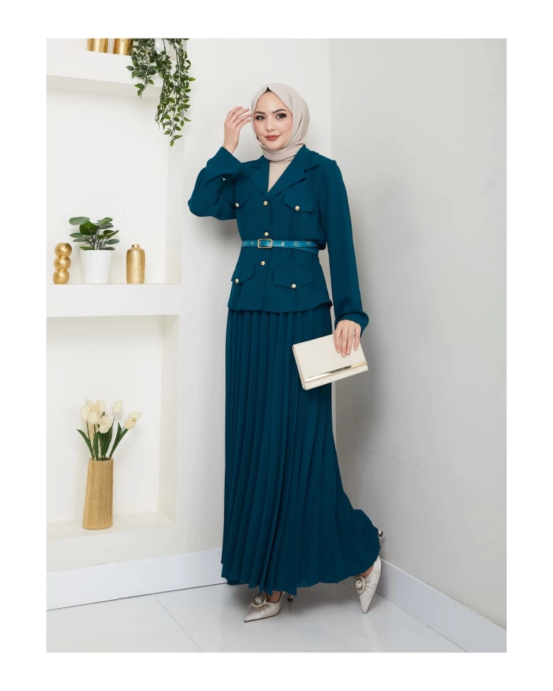 PİLELİ ETEKLI CEKETLI GOLD DÜĞMELİ KEMERLİ BLAZER TESETTÜR TAKIM İNDİGO 806