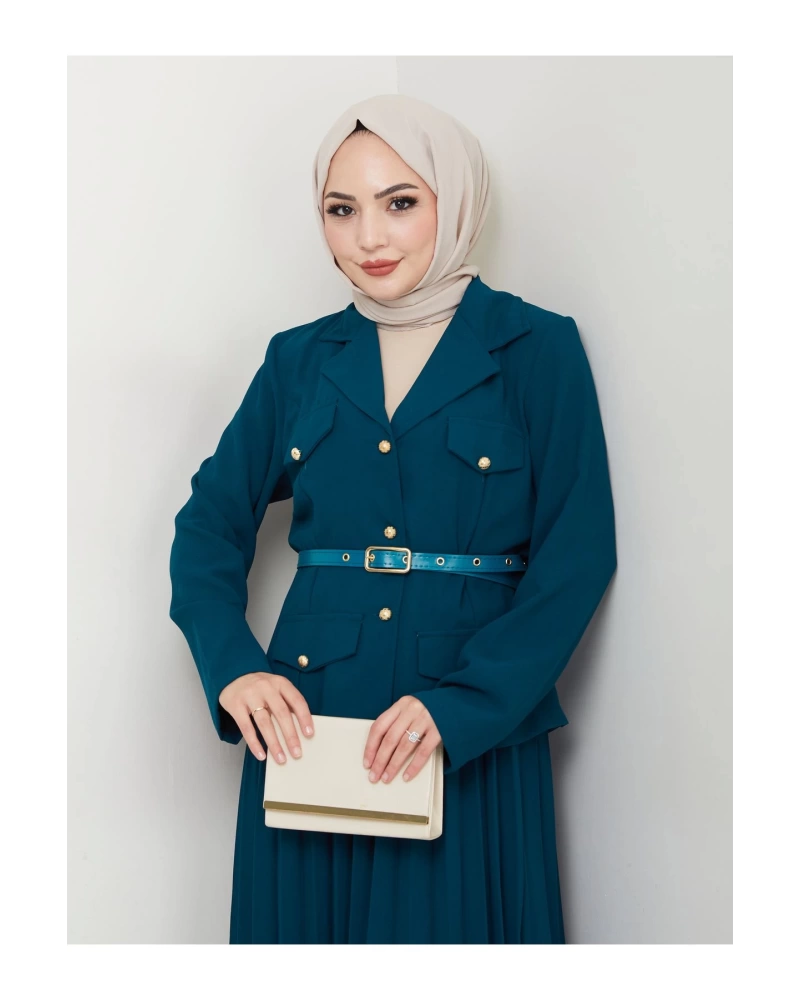 PİLELİ ETEKLI CEKETLI GOLD DÜĞMELİ KEMERLİ BLAZER TESETTÜR TAKIM İNDİGO 806