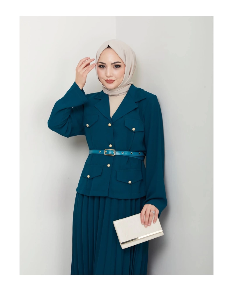 PİLELİ ETEKLI CEKETLI GOLD DÜĞMELİ KEMERLİ BLAZER TESETTÜR TAKIM İNDİGO 806