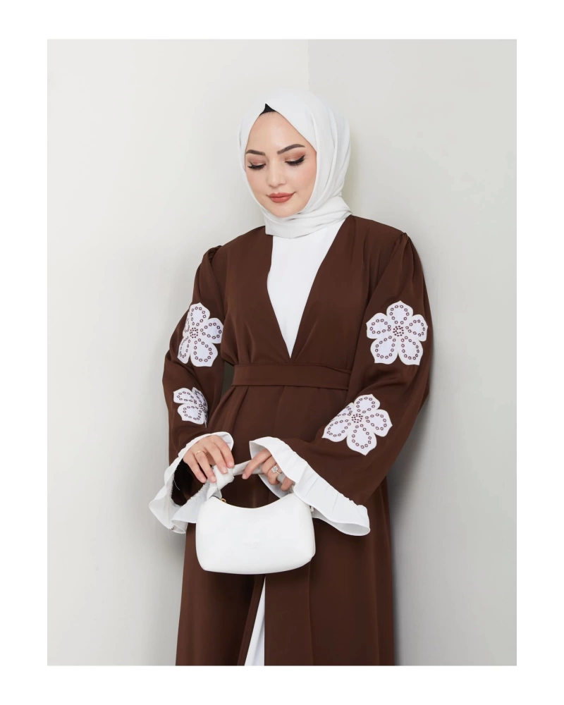 GÜLLÜ NAKIŞ KOL DETAYI İKİLİ ABİYE İÇİ BEYAZ