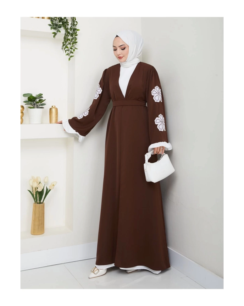 GÜLLÜ NAKIŞ KOL DETAYI İKİLİ ABİYE İÇİ BEYAZ