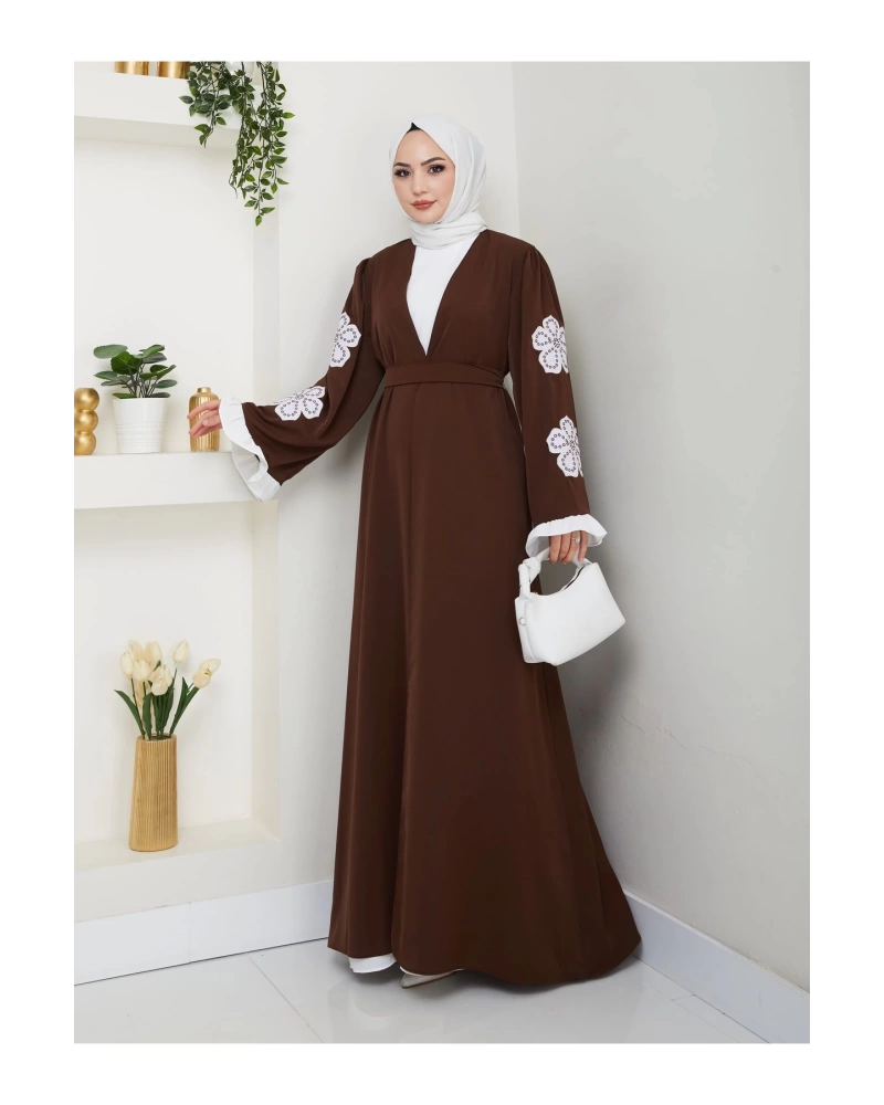 GÜLLÜ NAKIŞ KOL DETAYI İKİLİ ABİYE İÇİ BEYAZ