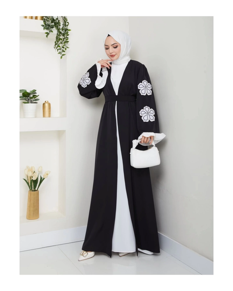 GÜLLÜ NAKIŞ KOL DETAYI İKİLİ ABİYE İÇİ BEYAZ
