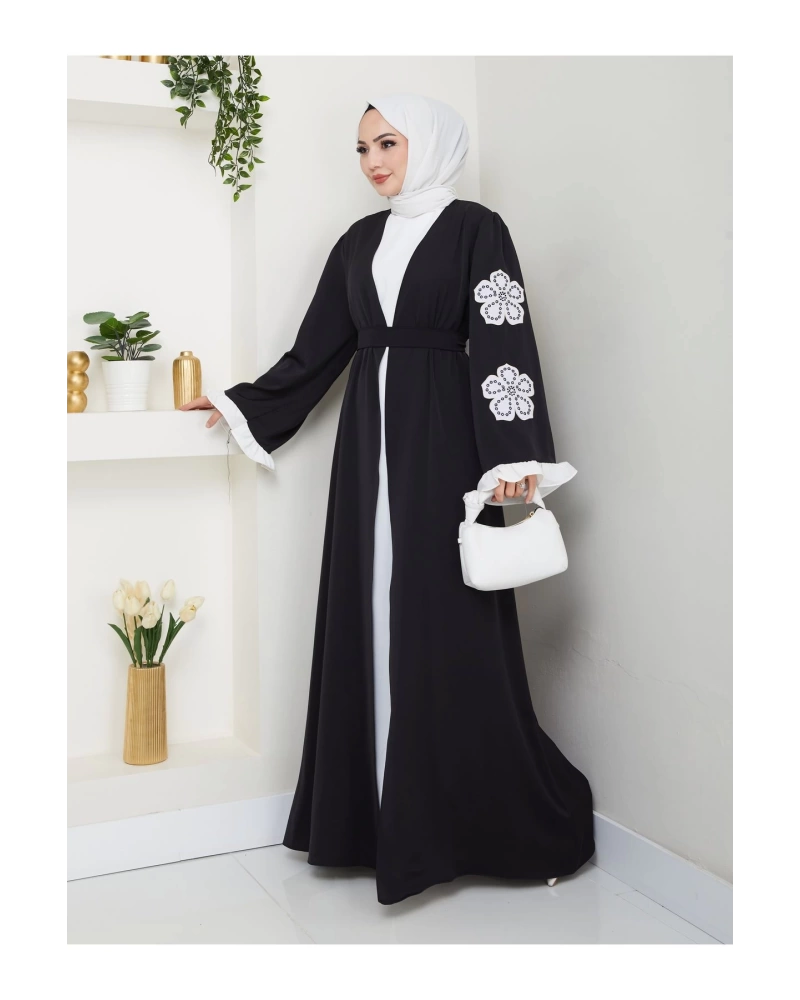 GÜLLÜ NAKIŞ KOL DETAYI İKİLİ ABİYE İÇİ BEYAZ