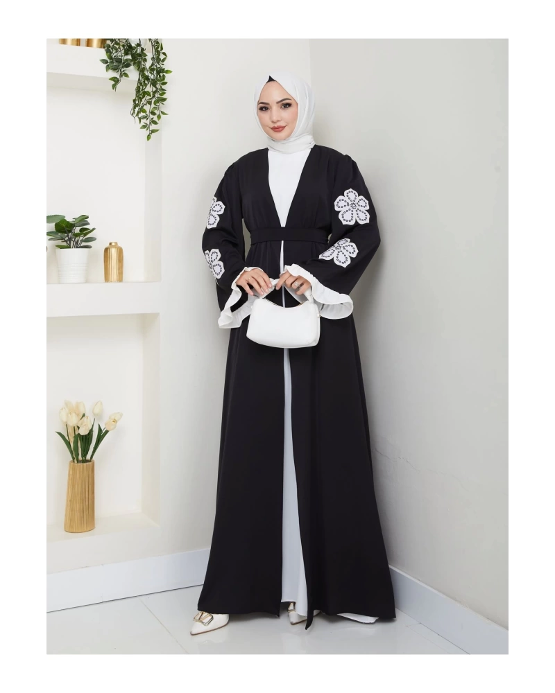 GÜLLÜ NAKIŞ KOL DETAYI İKİLİ ABİYE İÇİ BEYAZ