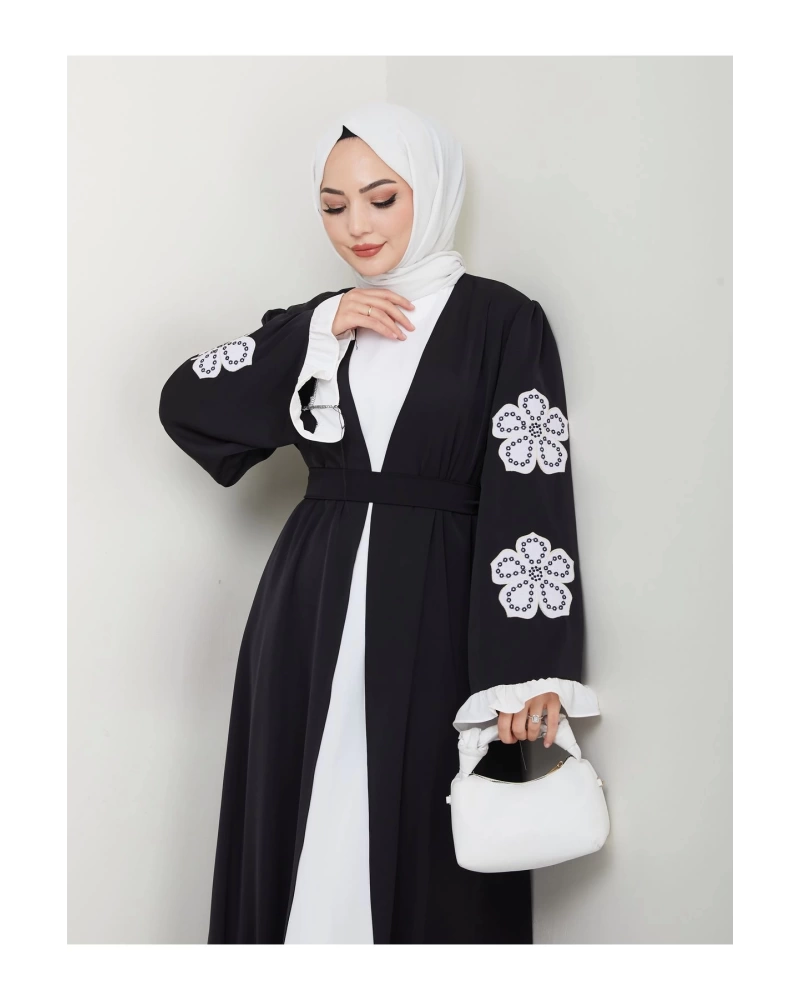 GÜLLÜ NAKIŞ KOL DETAYI İKİLİ ABİYE İÇİ BEYAZ