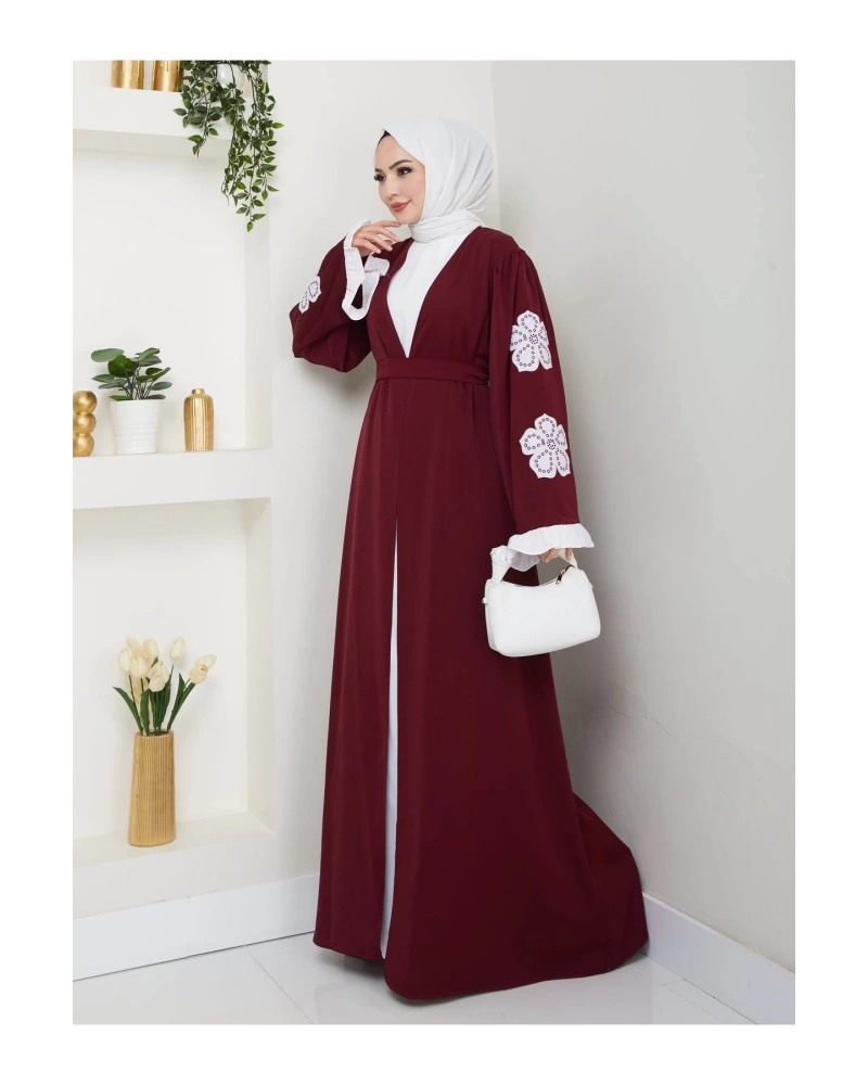 GÜLLÜ NAKIŞ KOL DETAYI İKİLİ ABİYE İÇİ BEYAZ