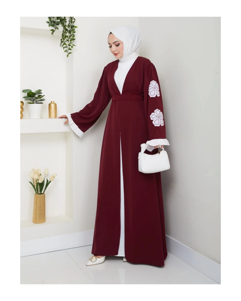 GÜLLÜ NAKIŞ KOL DETAYI İKİLİ ABİYE İÇİ BEYAZ