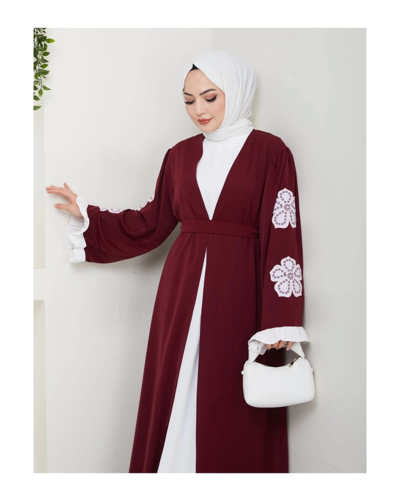 GÜLLÜ NAKIŞ KOL DETAYI İKİLİ ABİYE İÇİ BEYAZ