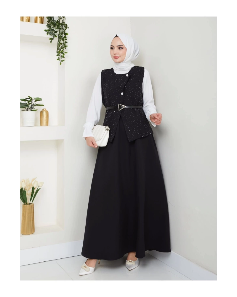 SİMLİ TAŞLI ÇAPRAZ YELEK DERİ KEMERLİ ETEK TAKIM 2533