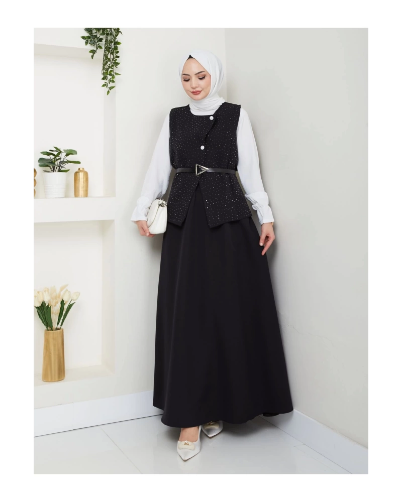 SİMLİ TAŞLI ÇAPRAZ YELEK DERİ KEMERLİ ETEK TAKIM 2533