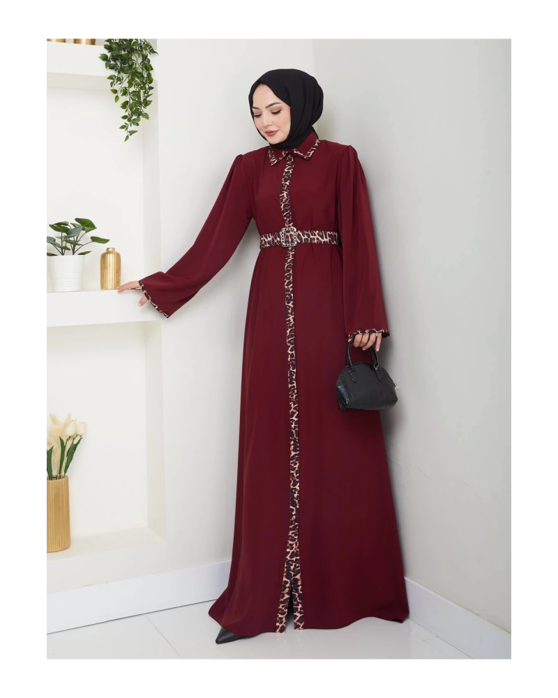 LEOPAR DETAYLI GÖMLEK YAKA ELBİSE LEOPAR KUŞAKLI FULL DÜĞME KAPAMA