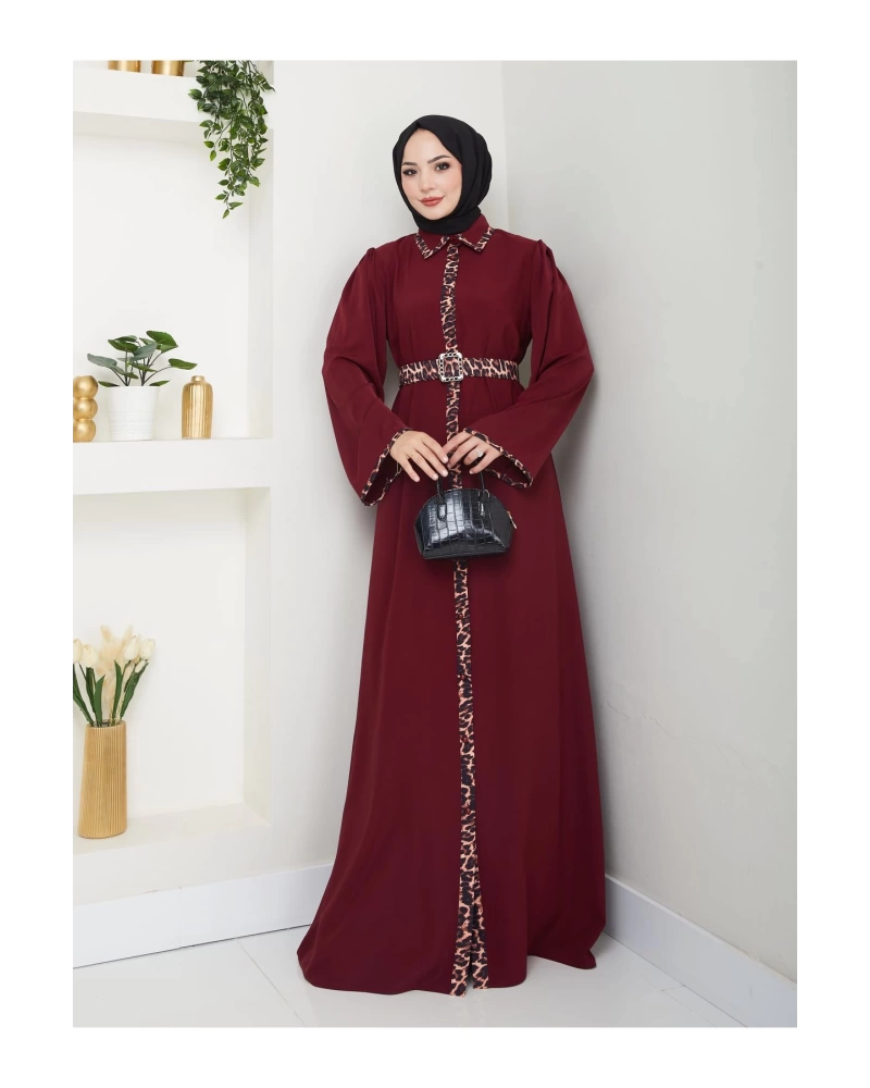 LEOPAR DETAYLI GÖMLEK YAKA ELBİSE LEOPAR KUŞAKLI FULL DÜĞME KAPAMA
