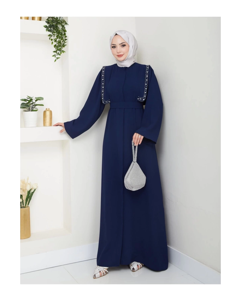 Taşli Abaya Tesettür Giyim Kadin Ferace Elbise Siyah