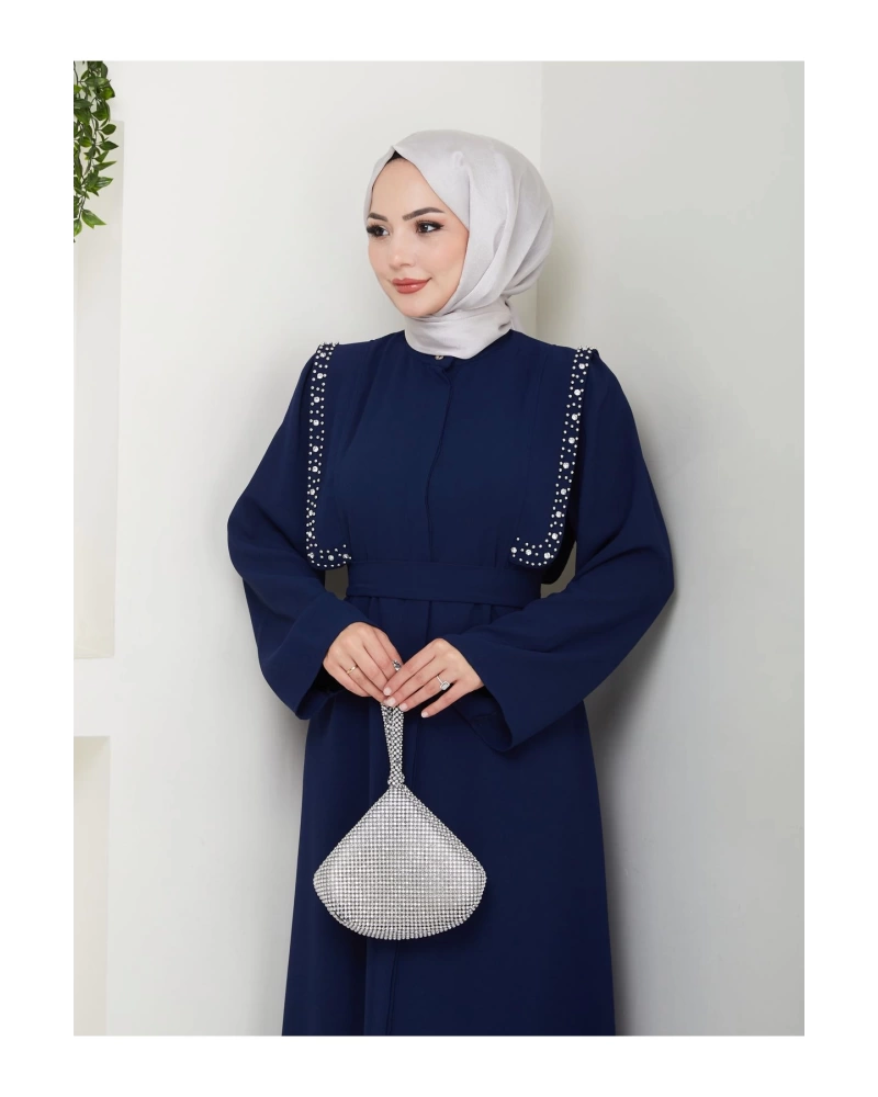 Taşli Abaya Tesettür Giyim Kadin Ferace Elbise Siyah