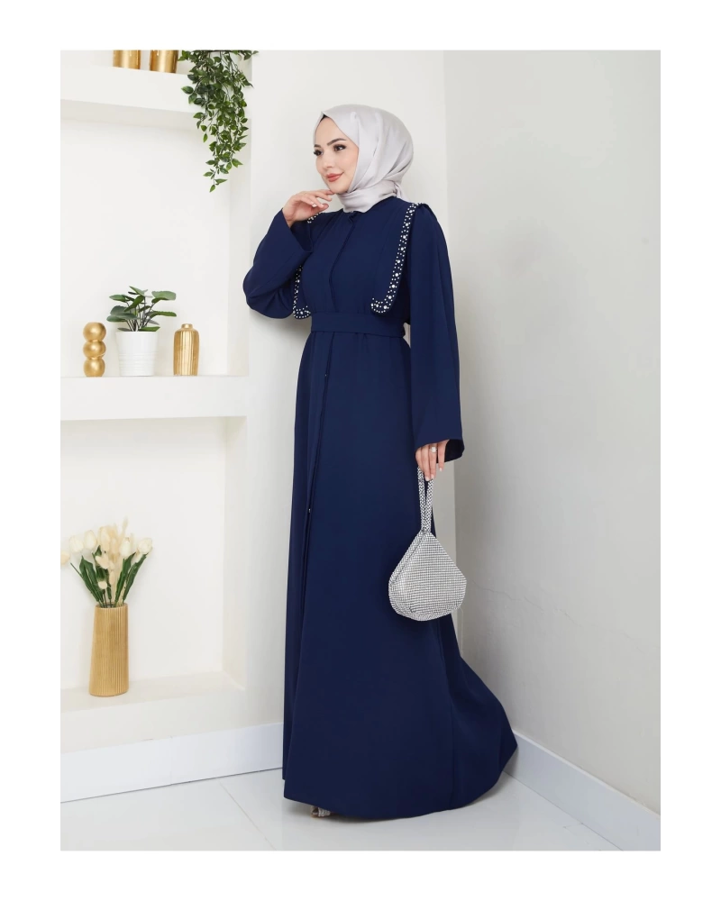 Taşli Abaya Tesettür Giyim Kadin Ferace Elbise Siyah
