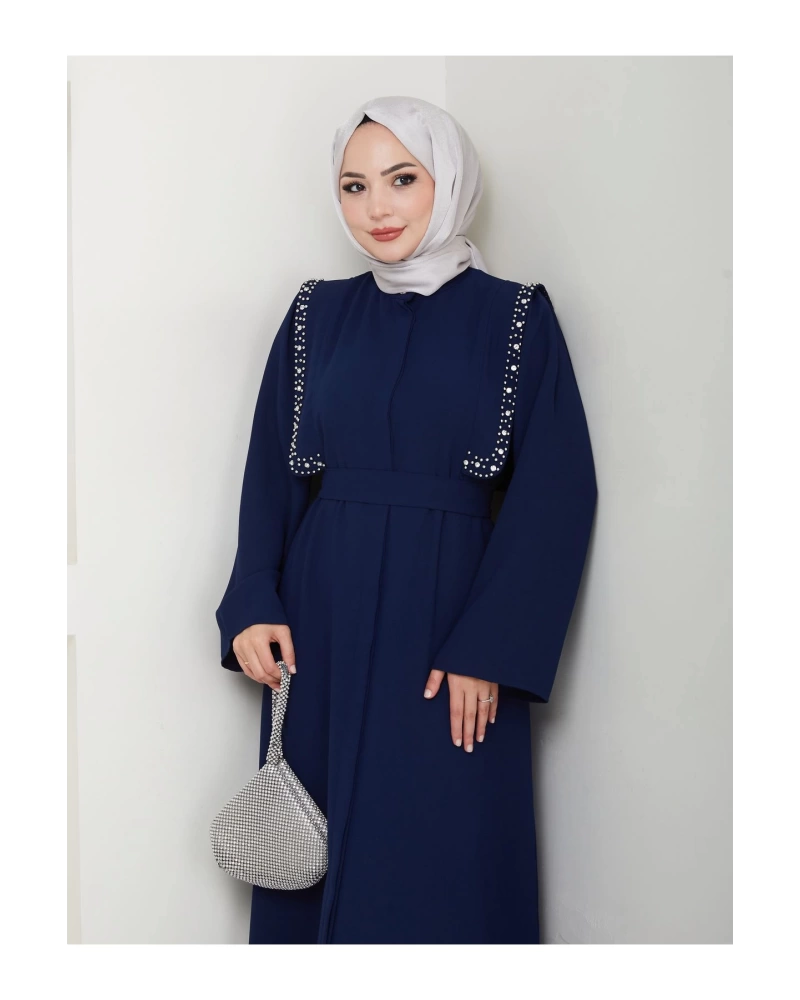 Taşli Abaya Tesettür Giyim Kadin Ferace Elbise Siyah