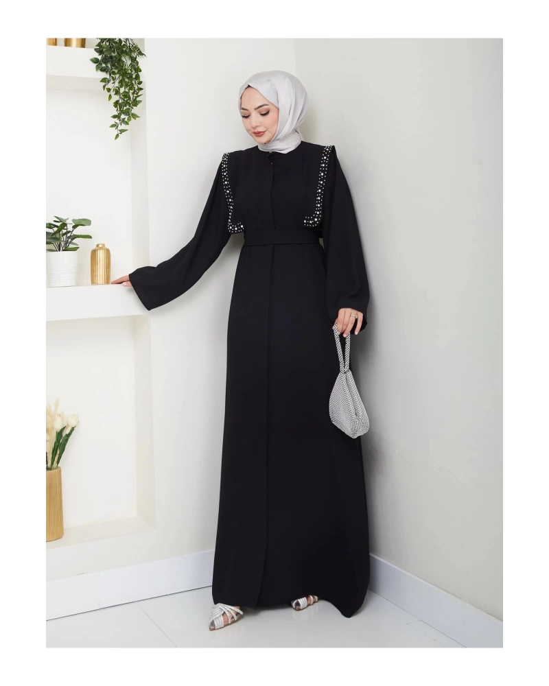 Taşli Abaya Tesettür Giyim Kadin Ferace Elbise Siyah