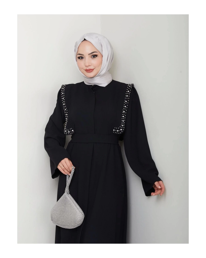 Taşli Abaya Tesettür Giyim Kadin Ferace Elbise Siyah