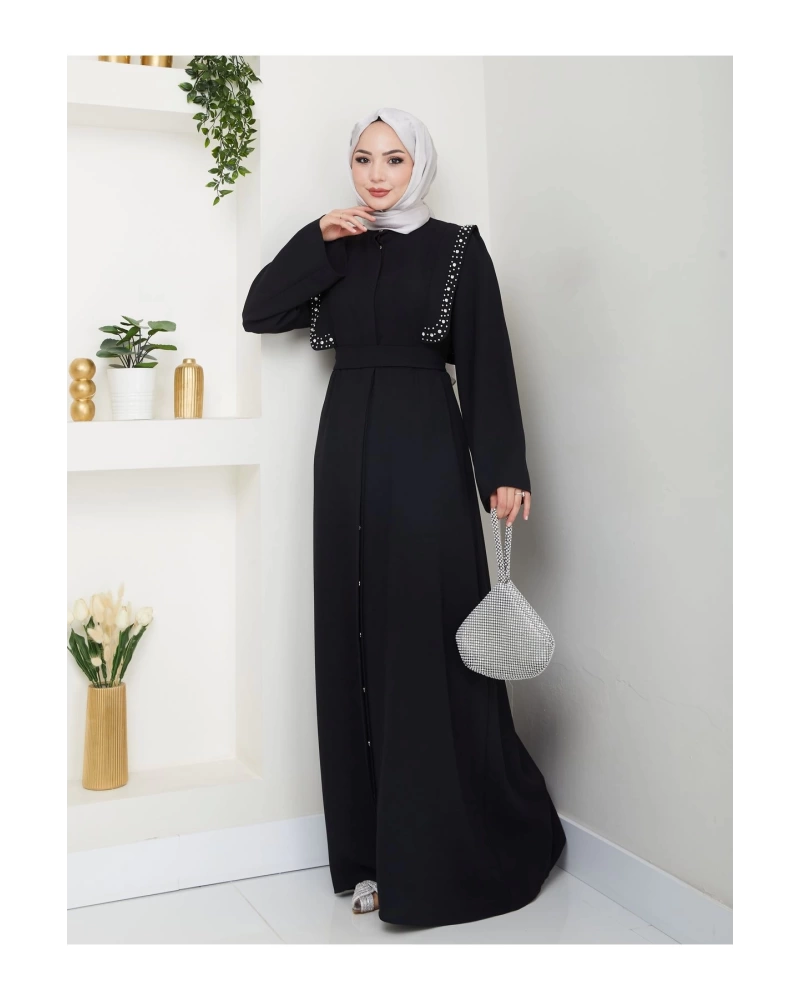 Taşli Abaya Tesettür Giyim Kadin Ferace Elbise Siyah