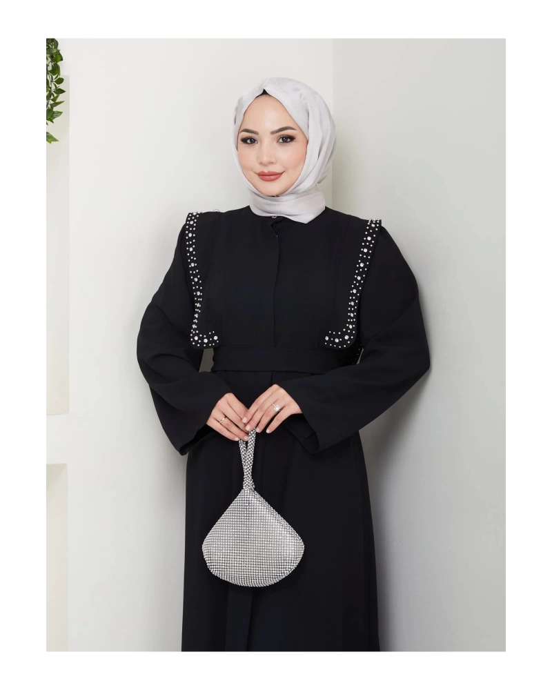 Taşli Abaya Tesettür Giyim Kadin Ferace Elbise Siyah