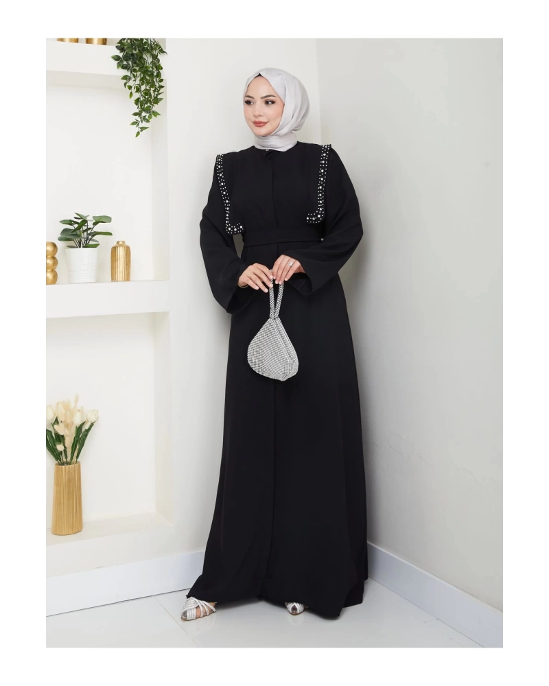 Taşli Abaya Tesettür Giyim Kadin Ferace Elbise Siyah