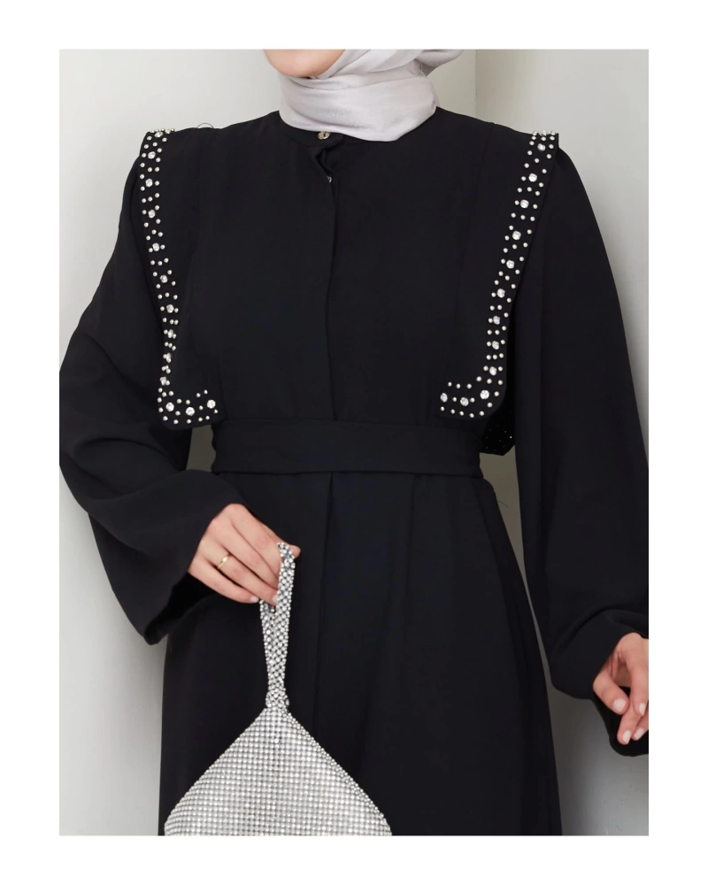 Taşli Abaya Tesettür Giyim Kadin Ferace Elbise Siyah