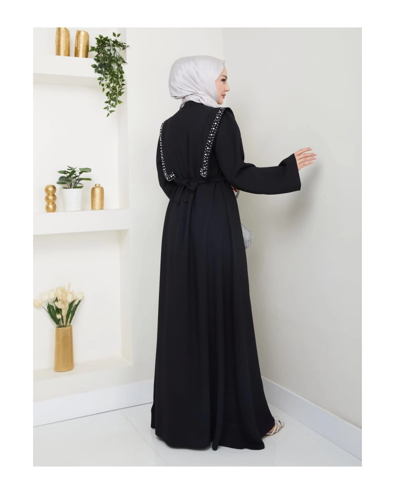 Taşli Abaya Tesettür Giyim Kadin Ferace Elbise Siyah