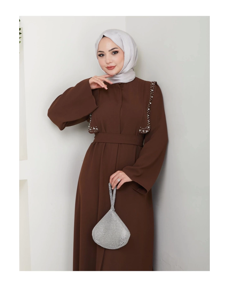 Taşli Abaya Tesettür Giyim Kadin Ferace Elbise Siyah