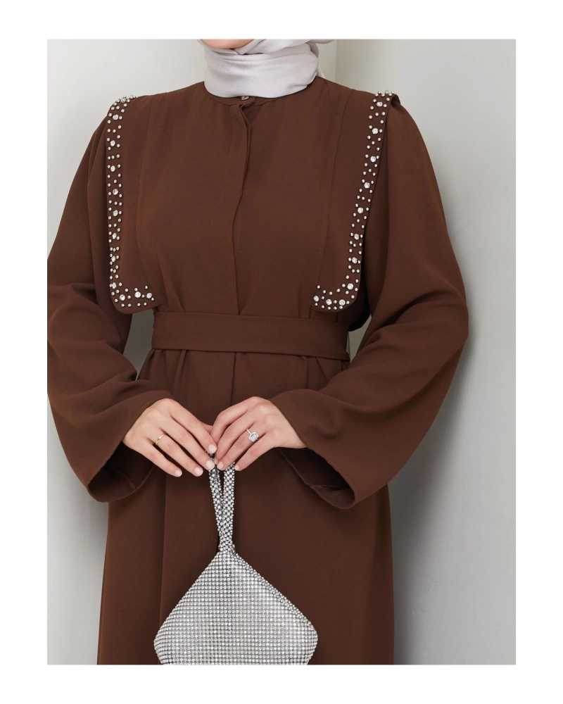 Taşli Abaya Tesettür Giyim Kadin Ferace Elbise Siyah